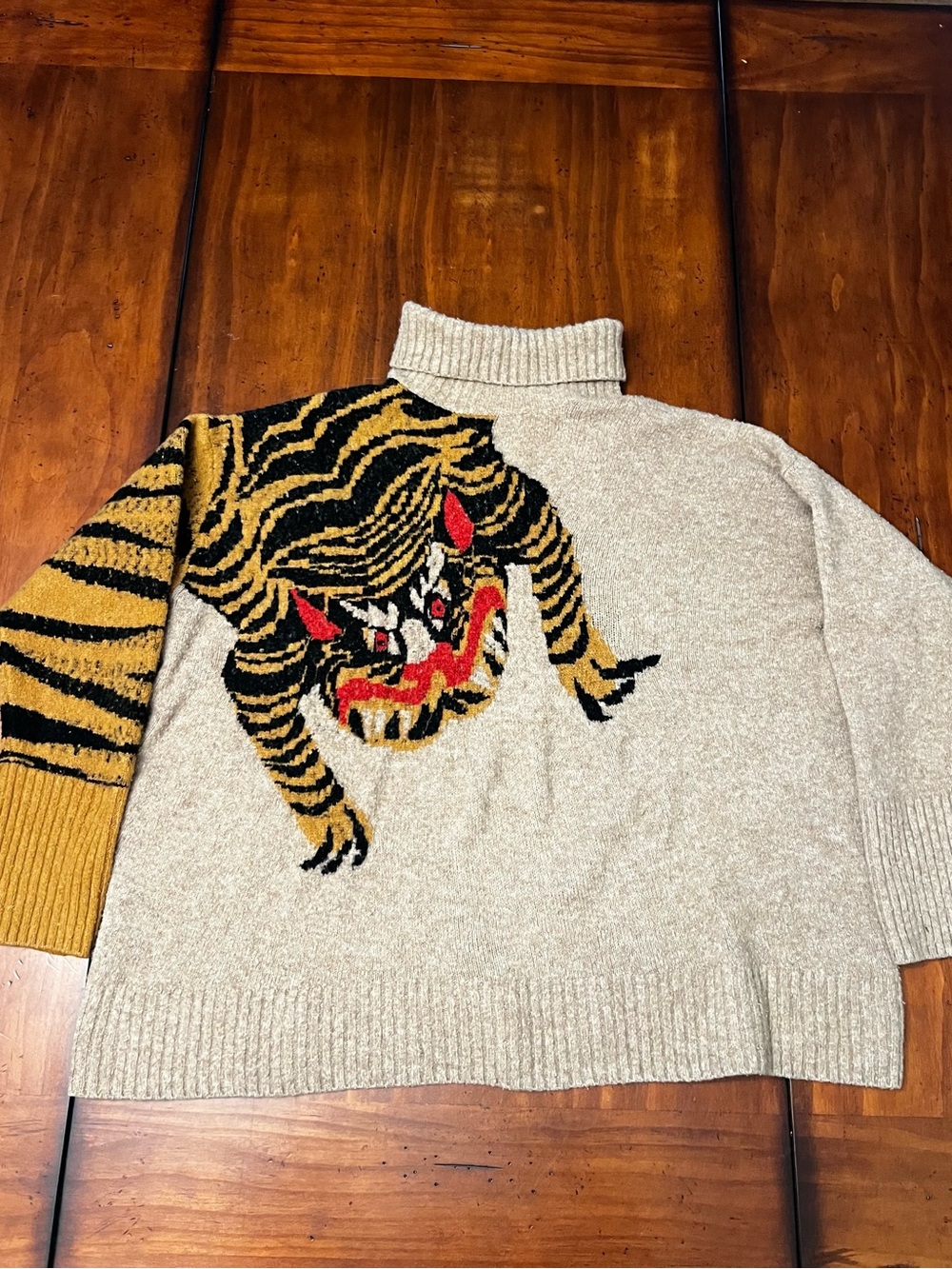 Tiger Sweater (M) Oversized Mock Turtleneck Intarsia Kenzo-Inspired Graphic
